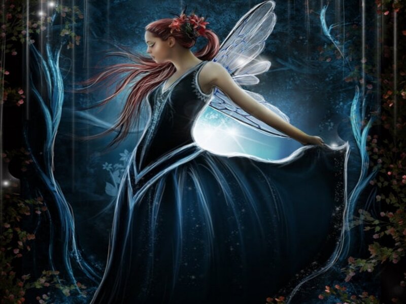Fairy with Glowing Wings — Blue, Serene, Night, Digital Art, Dress