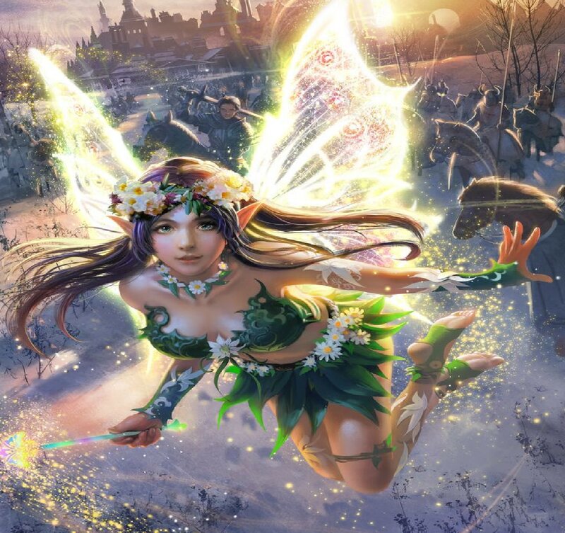 Fairy with Glowing Wings — Green, Dramatic, Sunset
