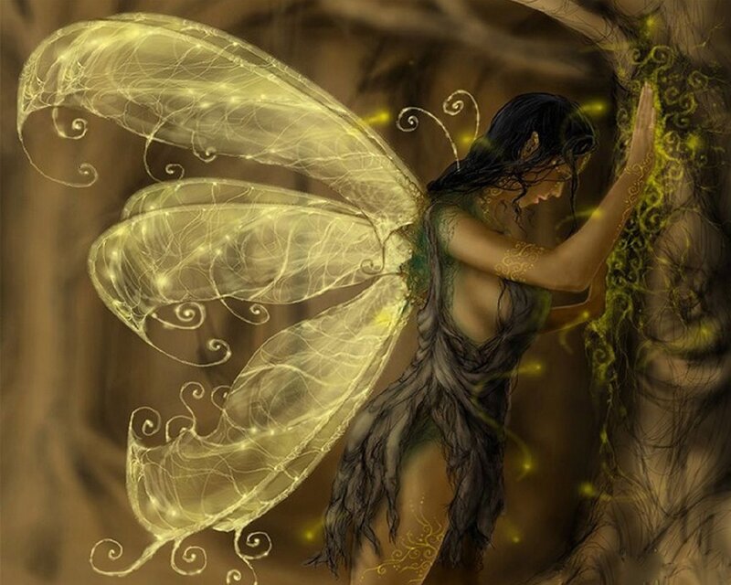 Fairy with Glowing Wings — Yellow, Mystical, Digital Art, Tree, Forest