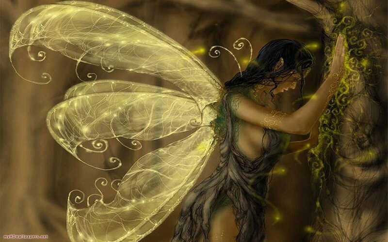 Fairy with Glowing Wings — Yellow, Mystical, Digital Art, Tree