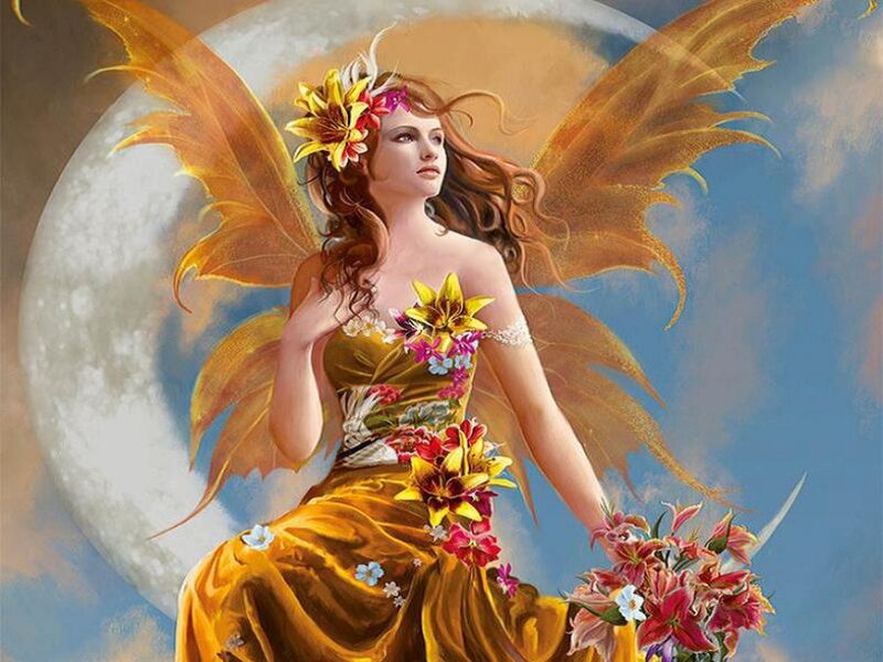 Fairy with Golden Wings — Gold, Serene, Night, Digital Art, Flowers