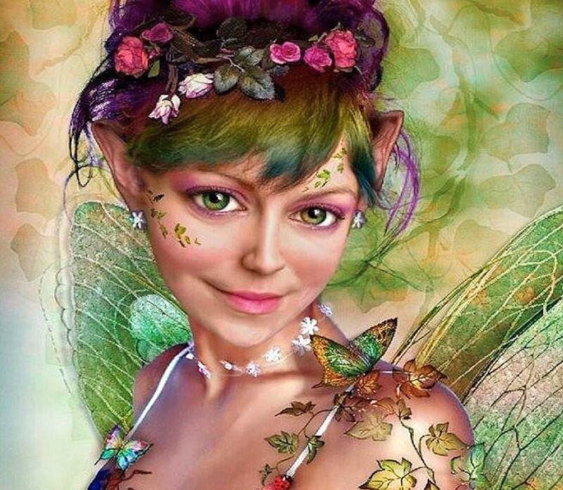 Fairy with Green Wings — Serene, Digital Art, Flowers, Butterfly