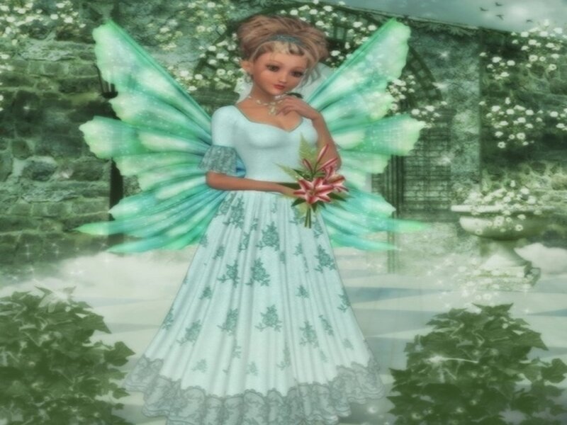 Fairy with Green Wings — Serene, Digital Art, Flowers