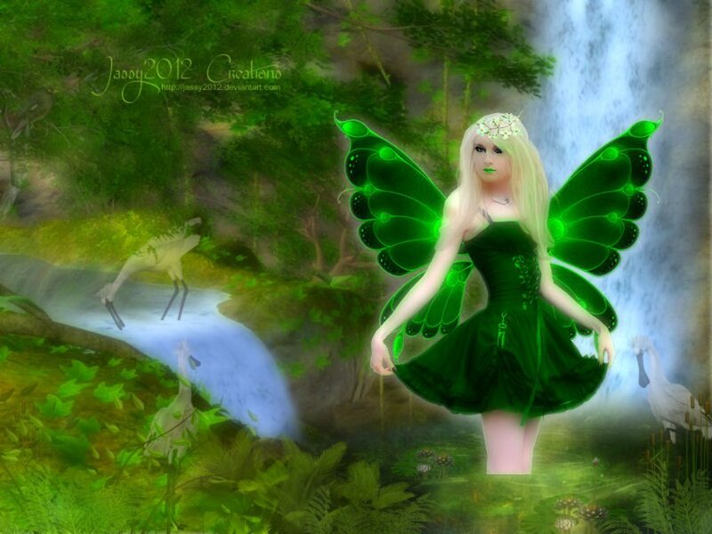 Fairy with Green Wings — Serene, Digital Art, Waterfall