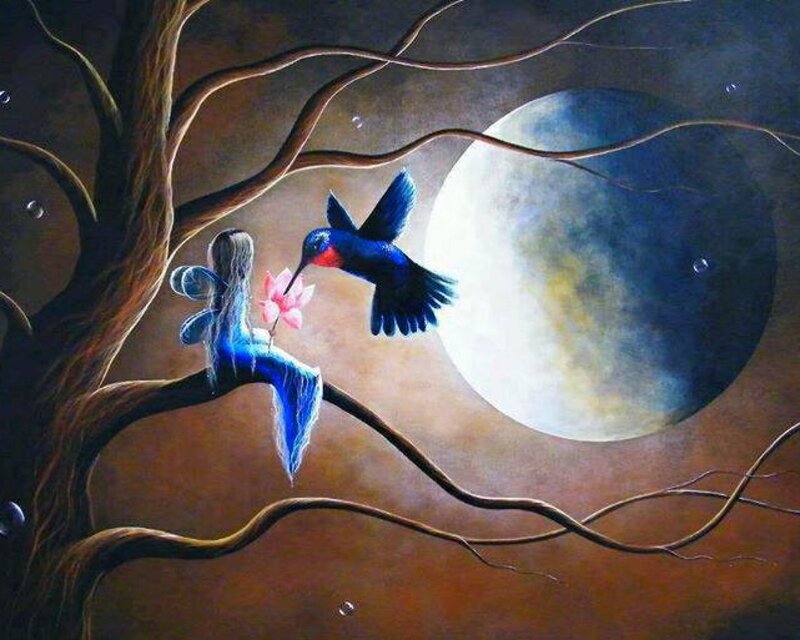 Fairy with Hummingbird — Blue, Serene