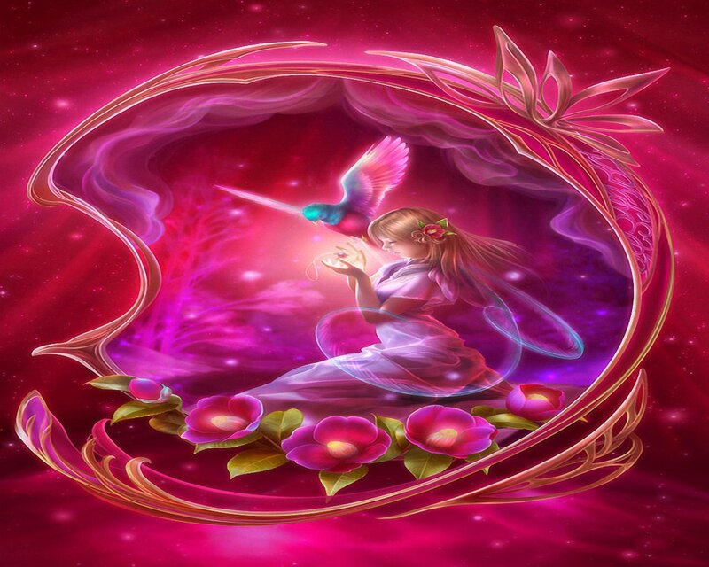 fairy with hummingbird in pink aura