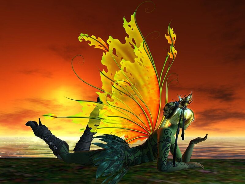 fairy with leaf wings at sunset