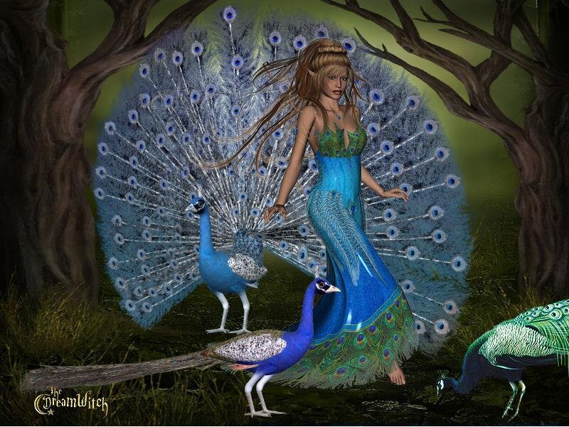 fairy with peacocks in forest