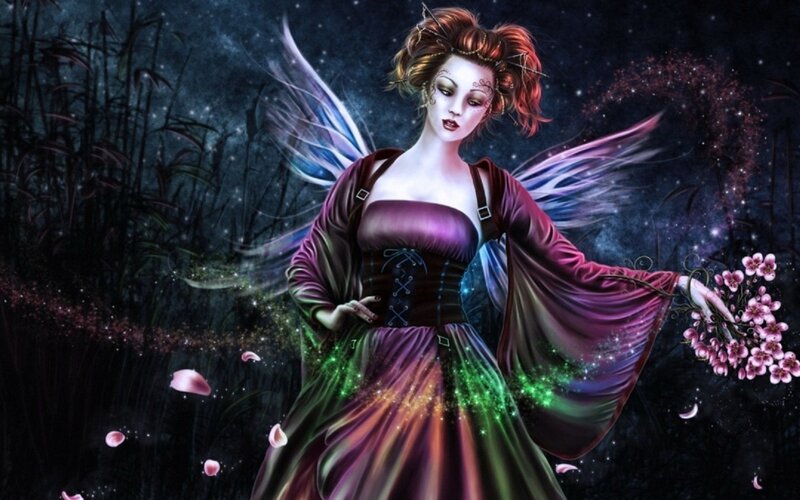Fairy with Pink Flowers — Purple, Mystical, Night