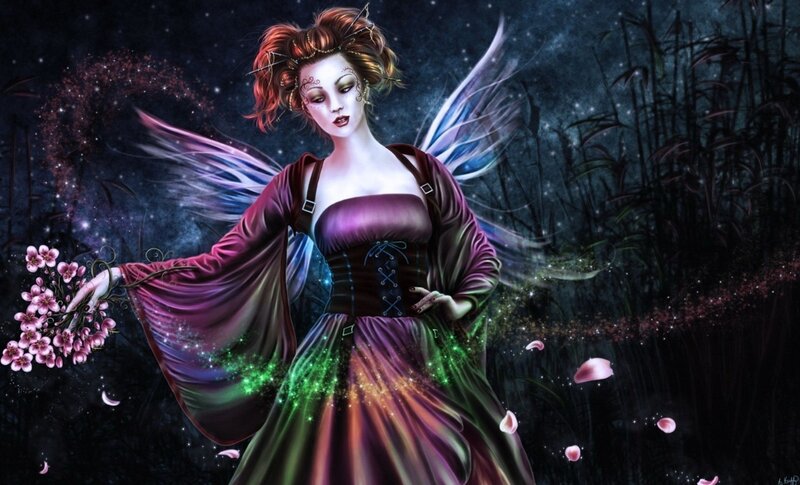 Fairy with Pink Flowers — Purple, Mystical