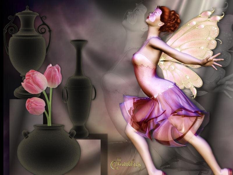Fairy with Pink Wings — Dreamy, Digital Art, Tulips