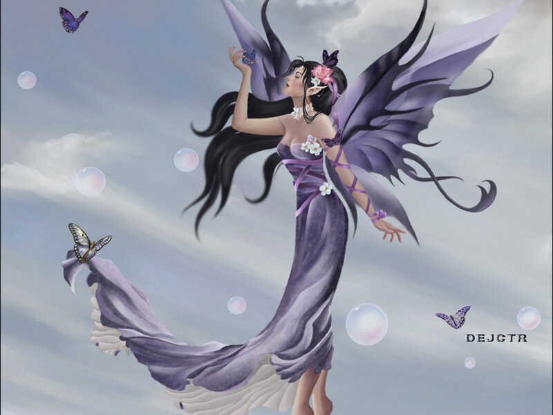 Fairy with Purple Wings — Serene, Digital Art, Butterflies, Bubbles, Flowers