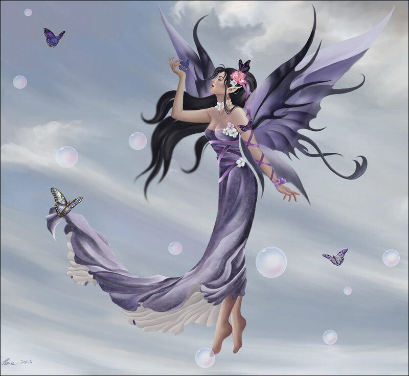 Fairy with Purple Wings — Serene, Digital Art, Butterflies, Bubbles, Flowers, White