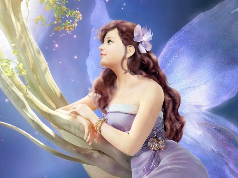 Fairy with Purple Wings — Serene, Night, Digital Art, Flower, Tree Branch
