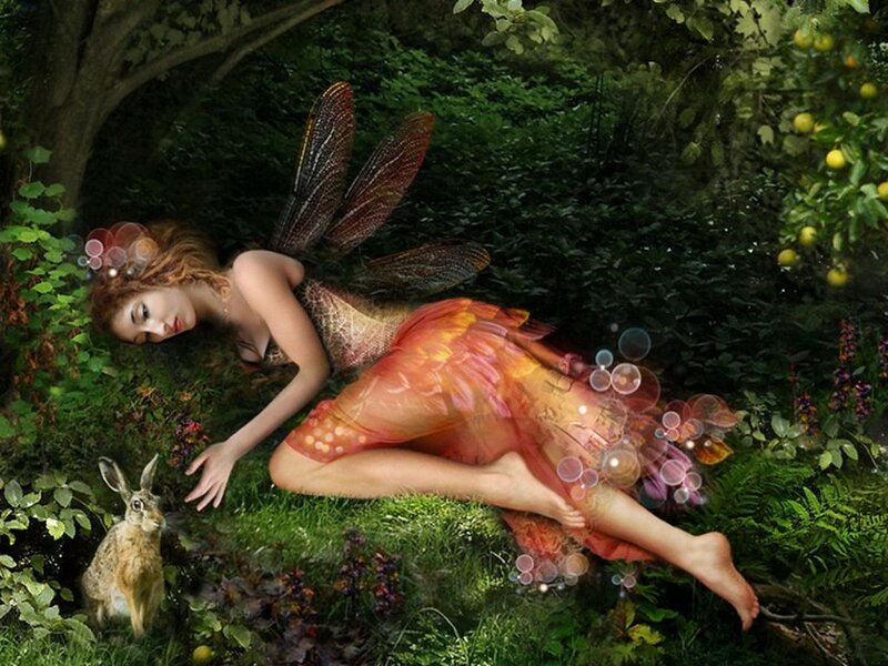 Fairy with Rabbit — Green, Serene