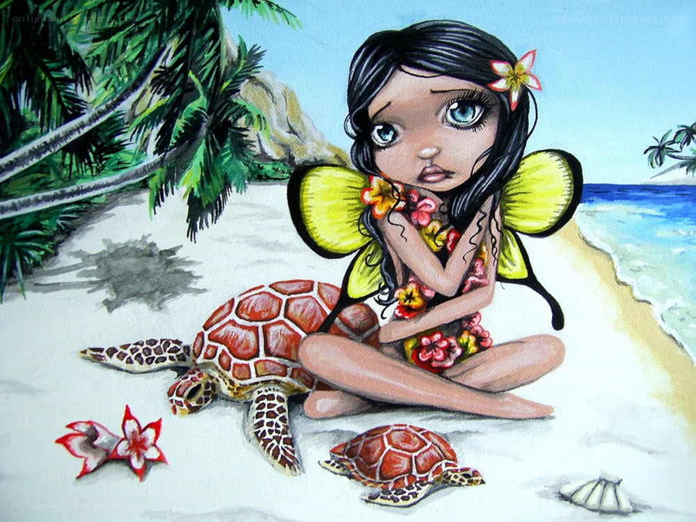 fairy with sea turtles on beach