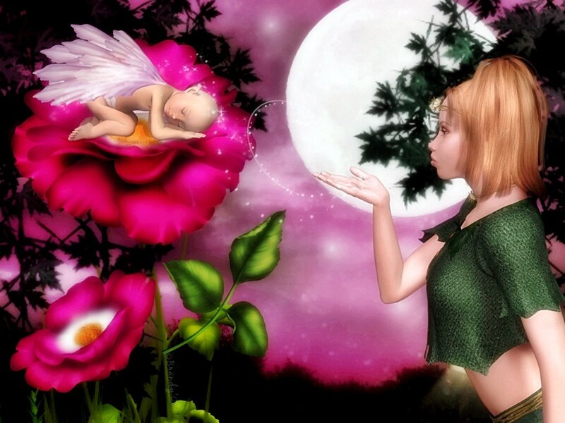 Fairy with sleeping baby in flower