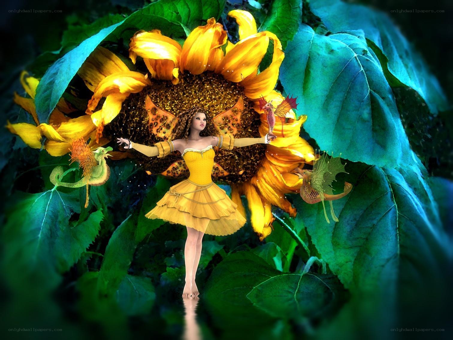 fairy with sunflower and dragons