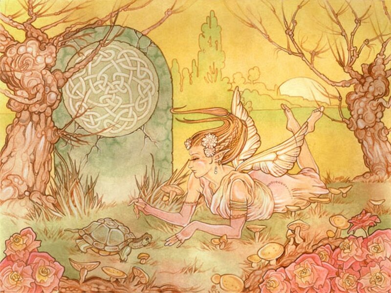 Fairy with turtle in garden