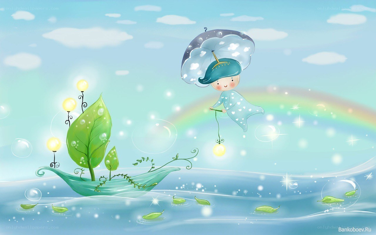 fairy with umbrella and leaf boat