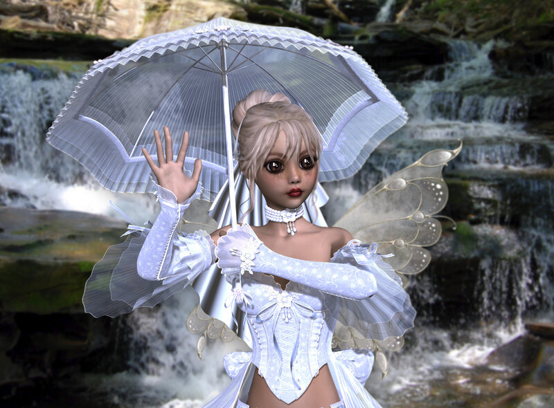 fairy with umbrella by waterfall