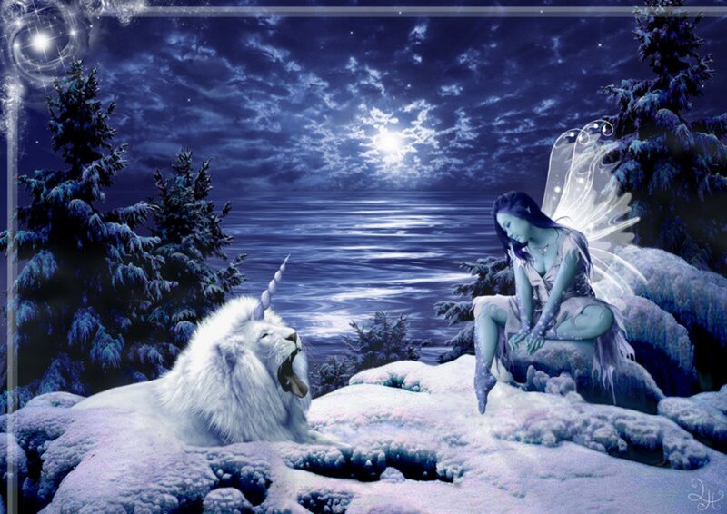 Fairy with Unicorn — Blue, Serene, Night