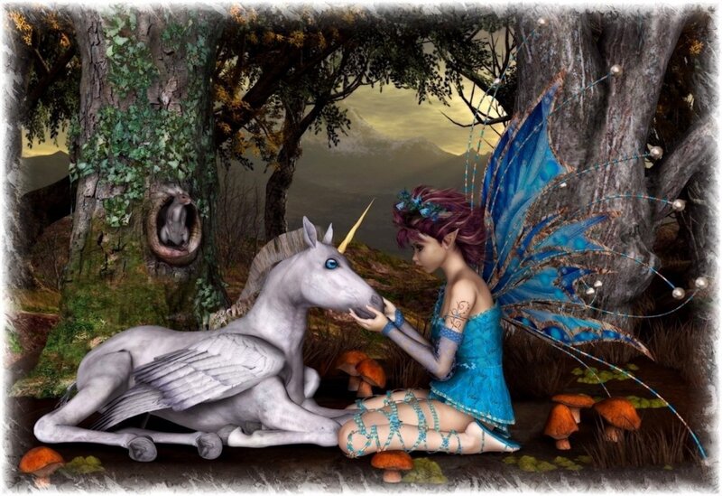 Fairy with Unicorn — Blue, Serene