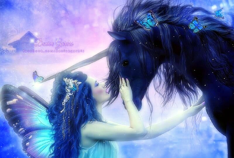 Fairy with Unicorn — Blue, Serene, Winter, Digital Art, Butterflies