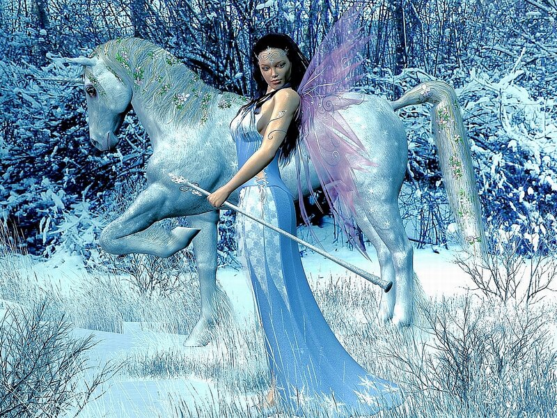 Fairy with Unicorn — Blue, Serene, Winter, Digital Art