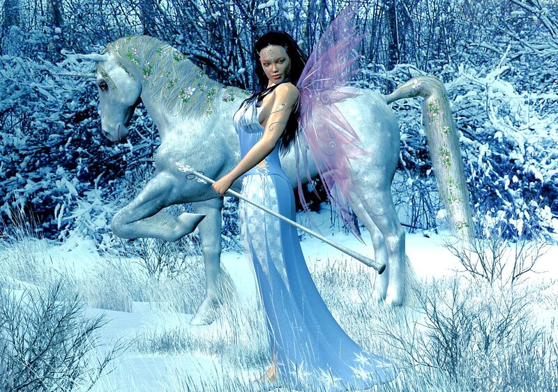 Fairy with Unicorn — Blue, Serene, Winter