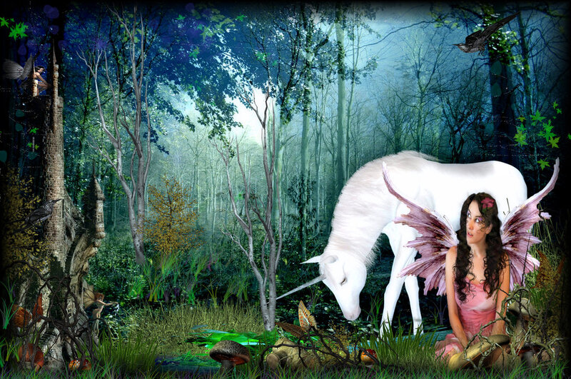 Fairy with Unicorn — Green, Fantasy, Night