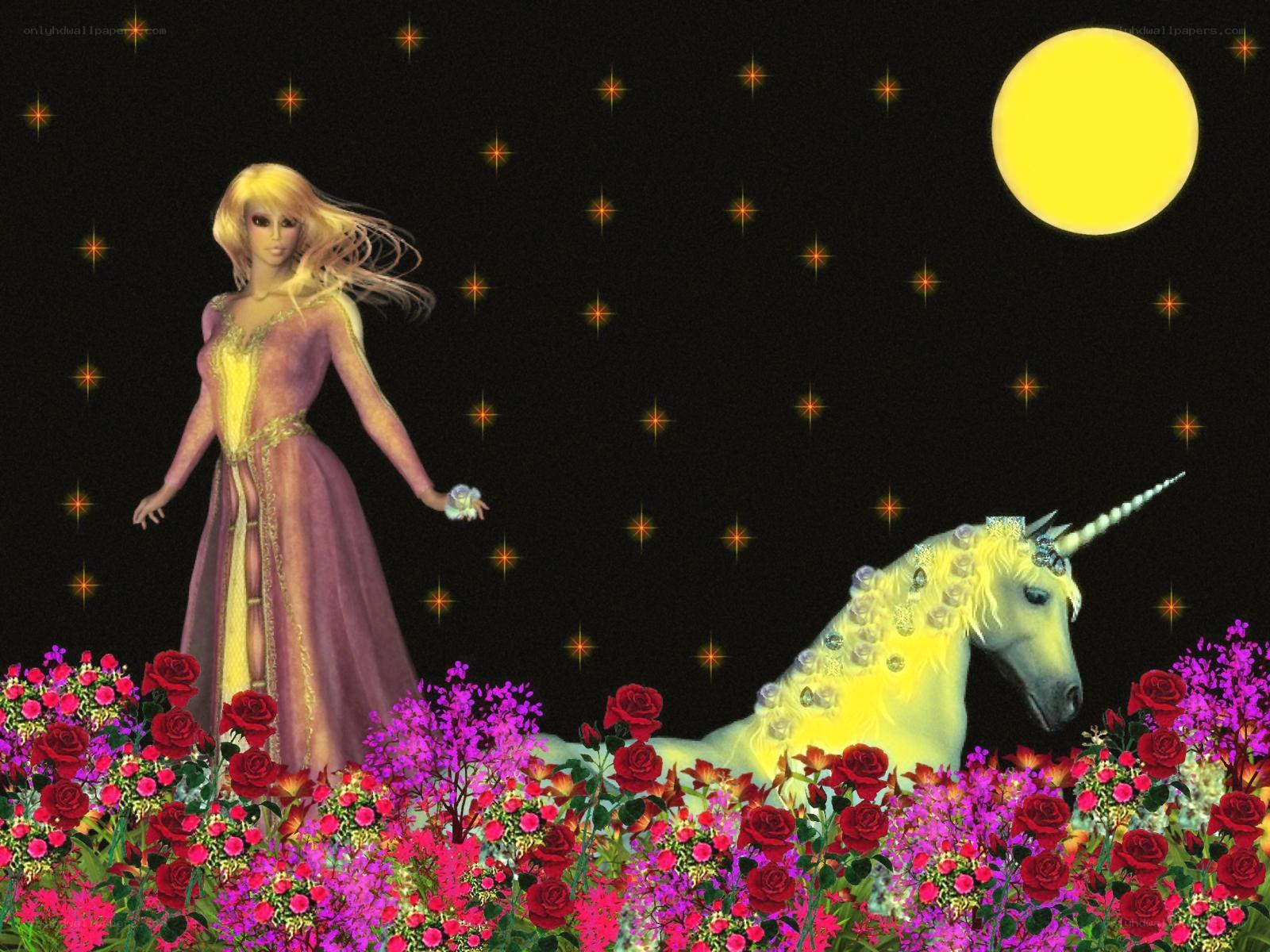 fairy with unicorn in flower field