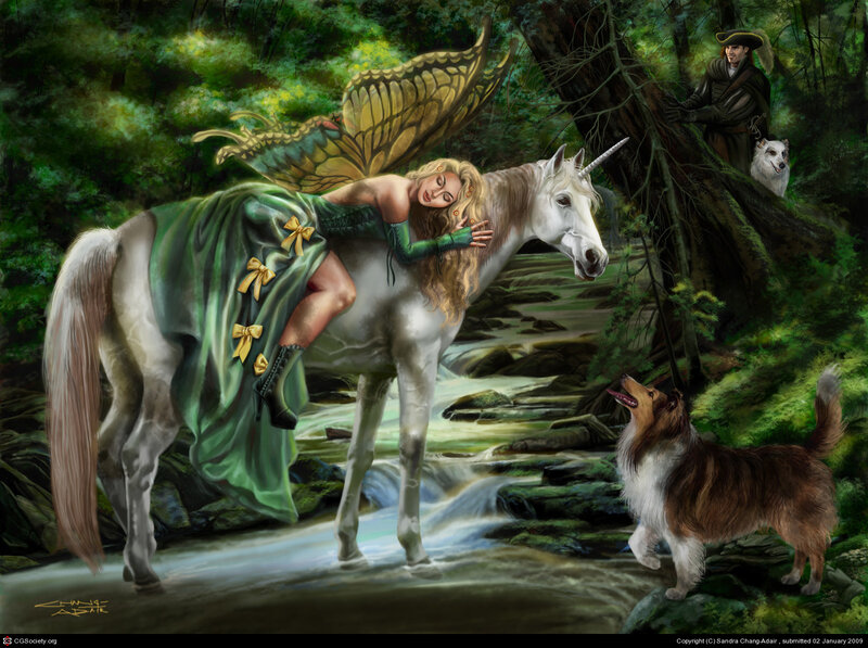 Fairy with unicorn in forest