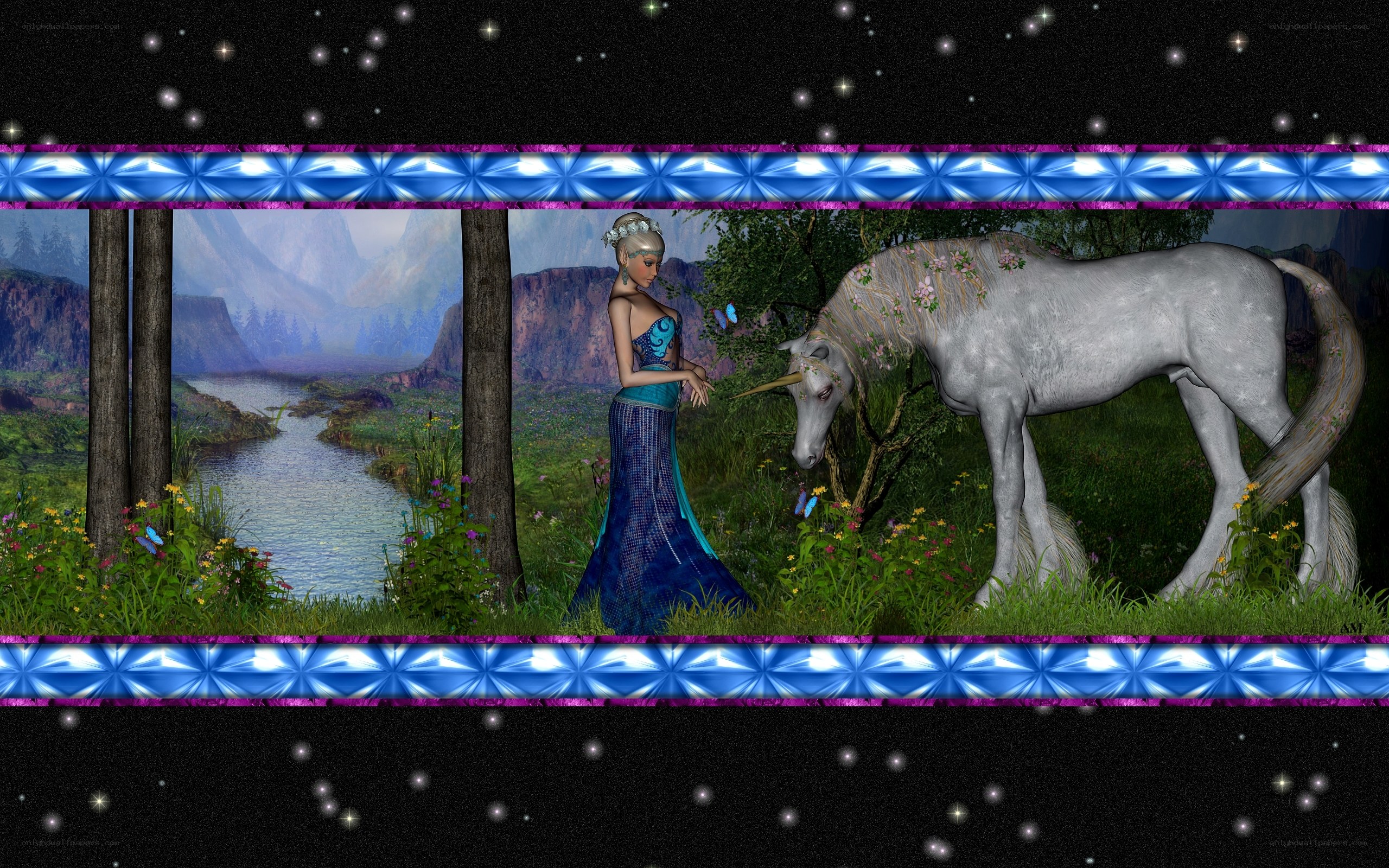 fairy with unicorn in forest