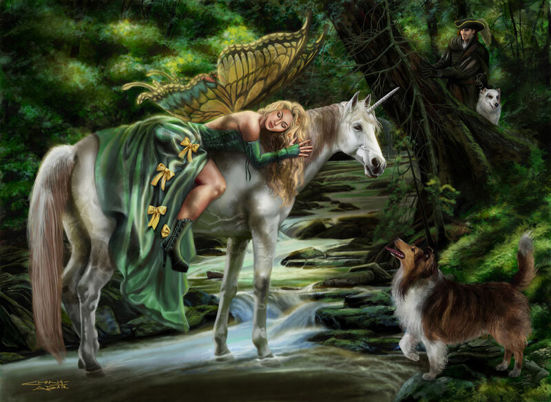 Fairy with unicorn in forest
