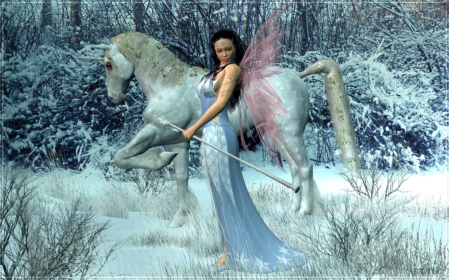 Fairy with unicorn in winter forest