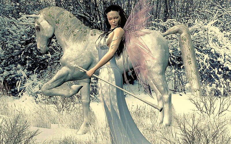 fairy with unicorn in winter