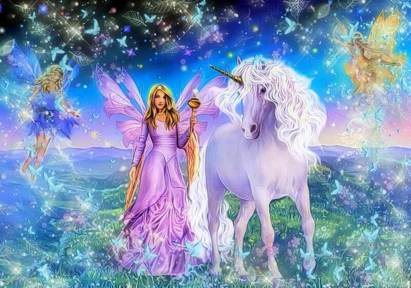 Fairy with Unicorn — Purple, Magical, Night, Digital Art