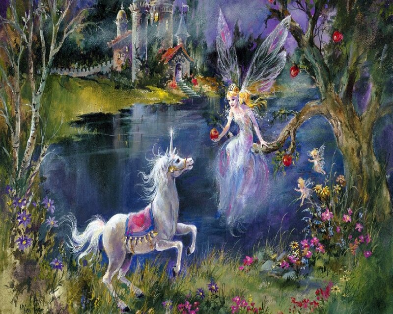 Fairy with Unicorn — Purple, Magical, Night, Painting, Castle
