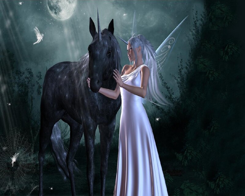 Fairy with Unicorn — White, Serene, Night