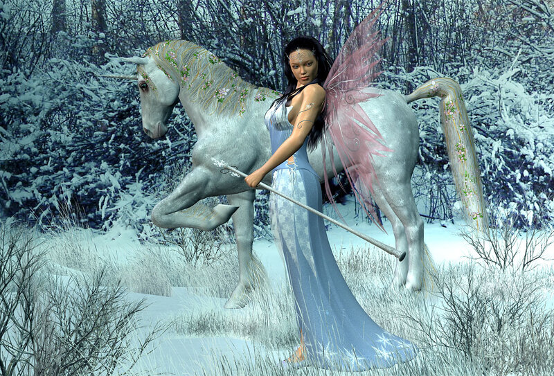 Fairy with Unicorn — White, Serene, Winter, Digital Art