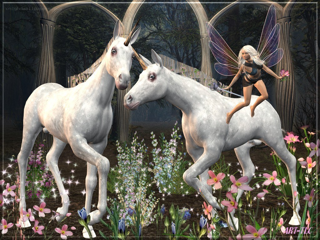 Fairy with unicorns in forest