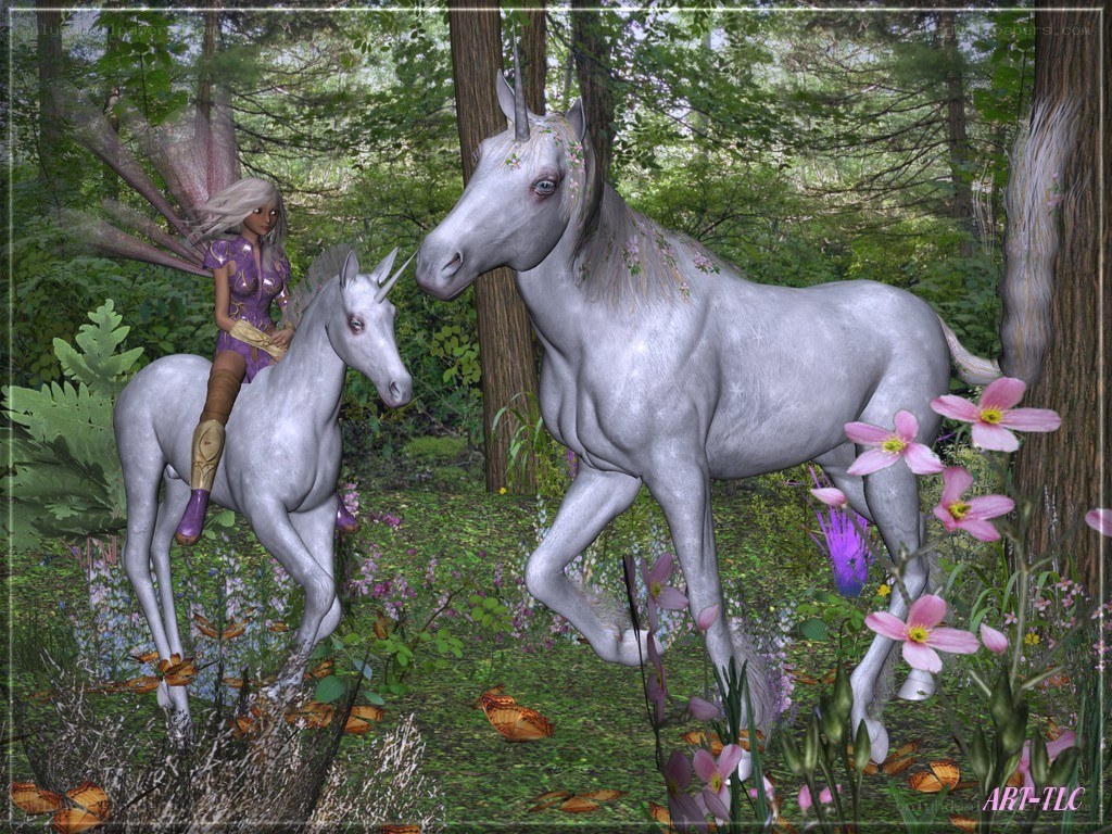 Fairy with unicorns in forest