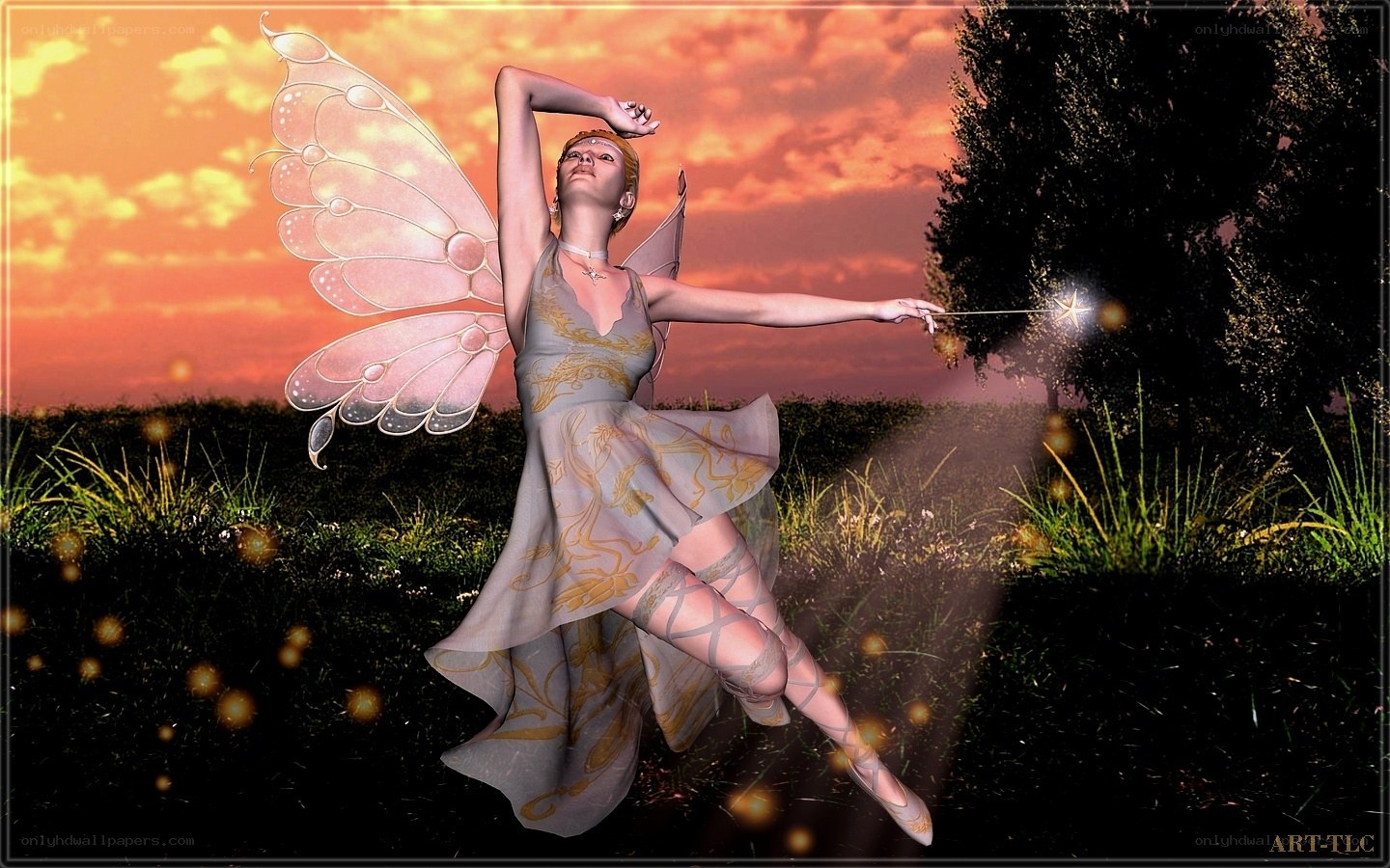 fairy with wand at sunset