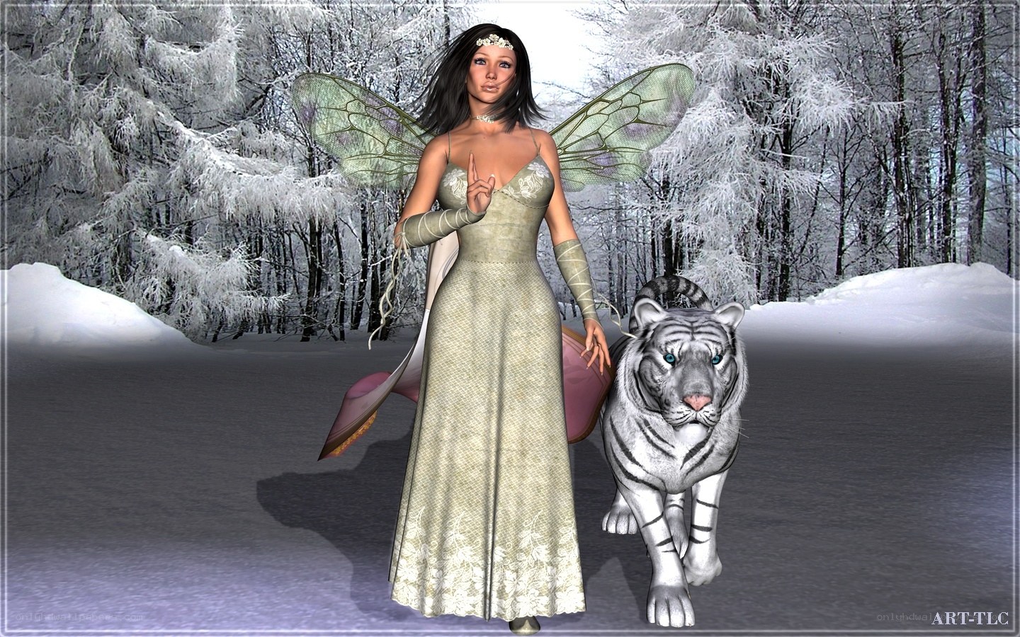 fairy with white tiger in winter