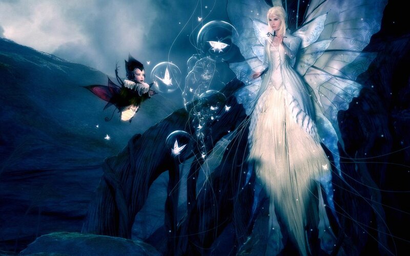 Fairy with Wings — Blue, Dramatic, Night, Digital Art, Child