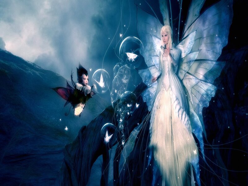 Fairy with Wings — Blue, Dramatic, Night, Digital Art, Glowing Orbs