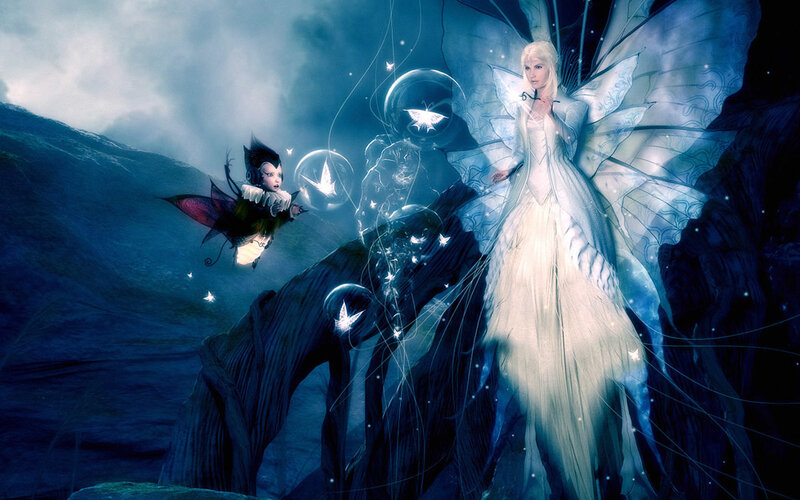 Fairy with Wings — Blue, Fantasy, Night, Digital Art, Butterfly