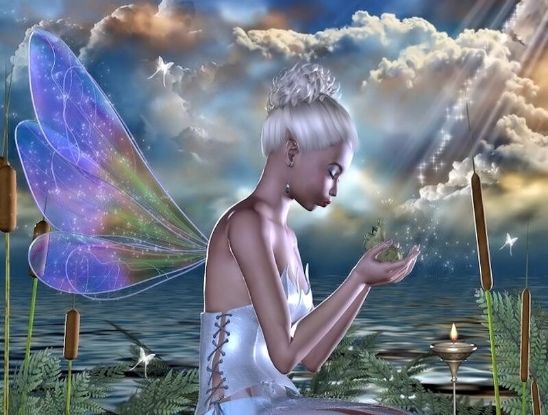 Fairy with Wings — Blue, Serene, Night, Digital Art, Candle