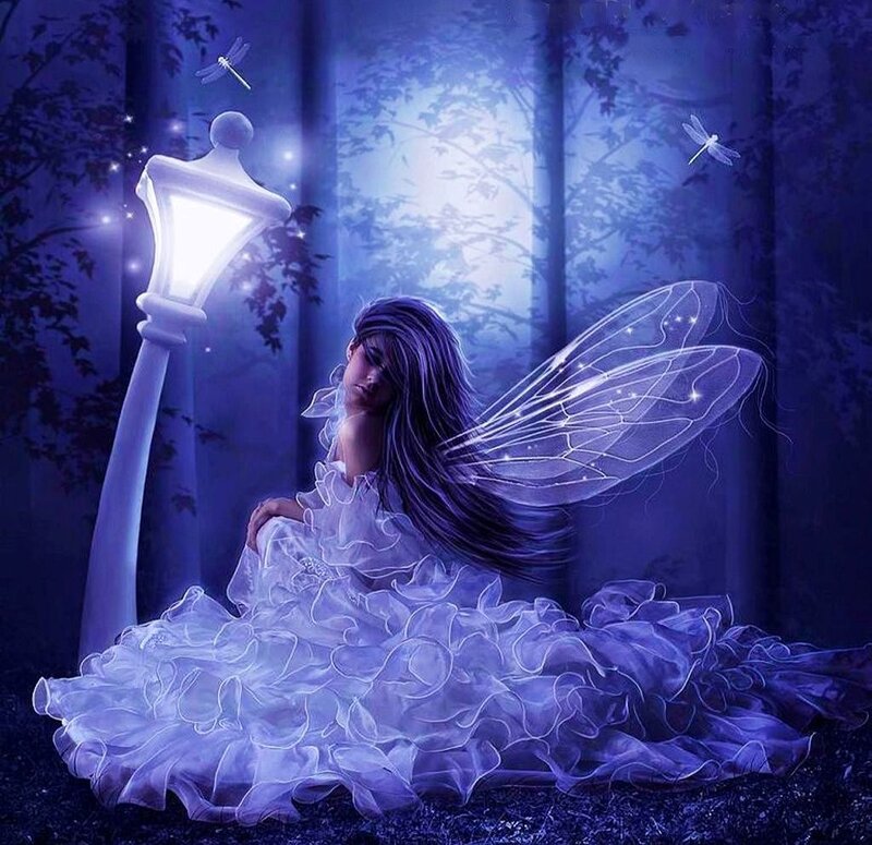 Fairy with Wings — Blue, Serene, Night, Digital Art, Dragonfly